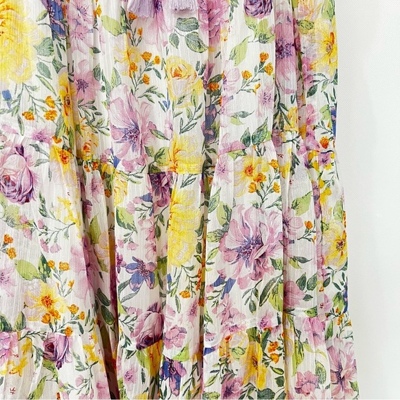 Floral Tassel Tie Mini Dress Multicolored Sheer Lined Tiered Shimmery - Picture 5 of 14